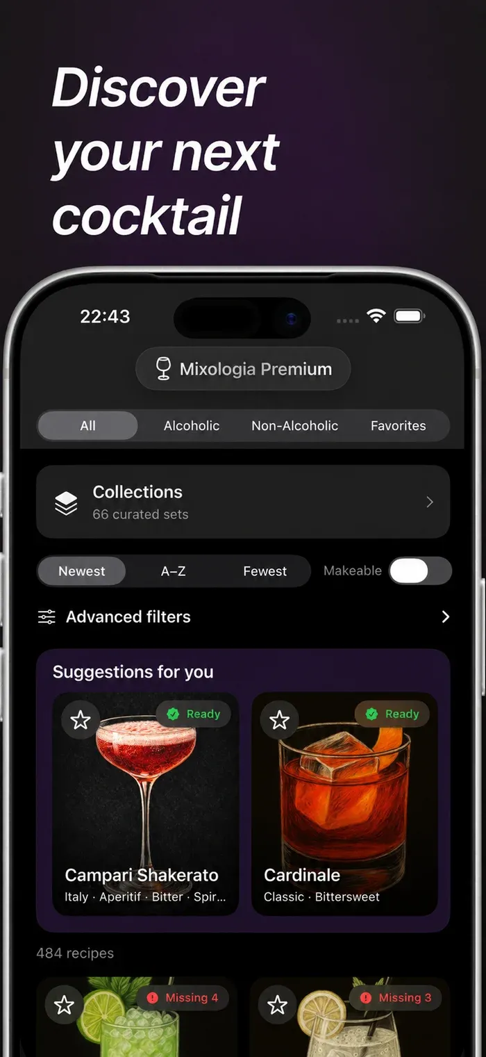 Published Mixologia App Store screenshot showing cocktail discovery, ingredient readiness, and collections.