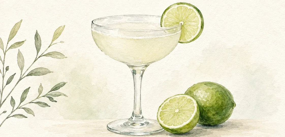 Watercolor Daiquiri in a coupe with fresh lime and botanical leaves.