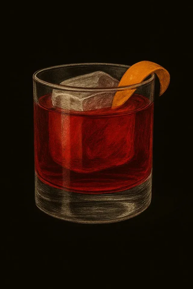 Illustrated Negroni with an orange peel and a large ice cube.